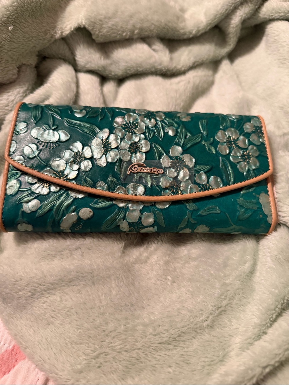 Teal Floral Embossed Clutch Wallet
